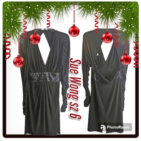 Sue Wong Long Sleeves Open Back Black Mini Cocoktail Dress - Picture 2 of 15